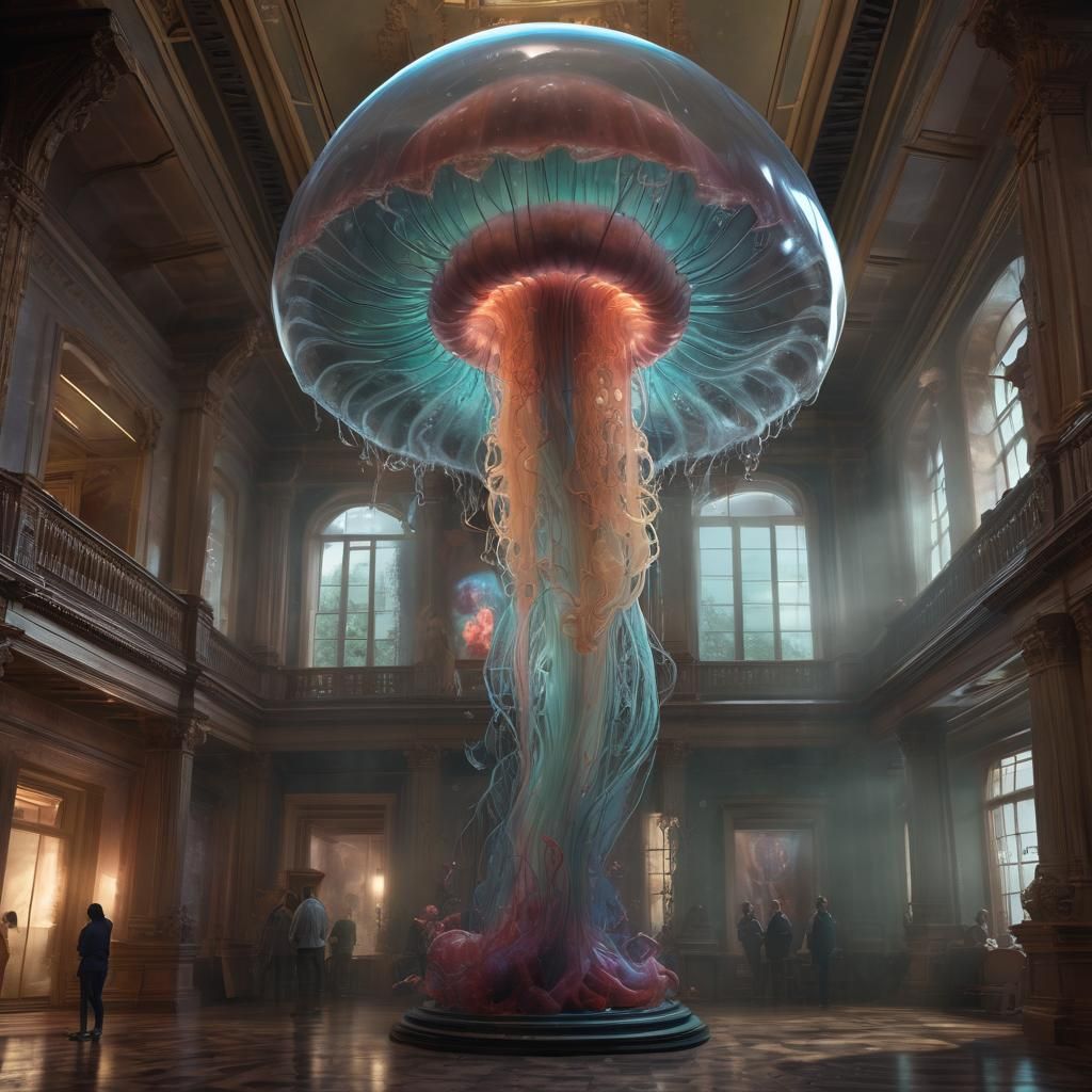 Giant Jellyfish Statue in Museum, Detailed Matte Painting