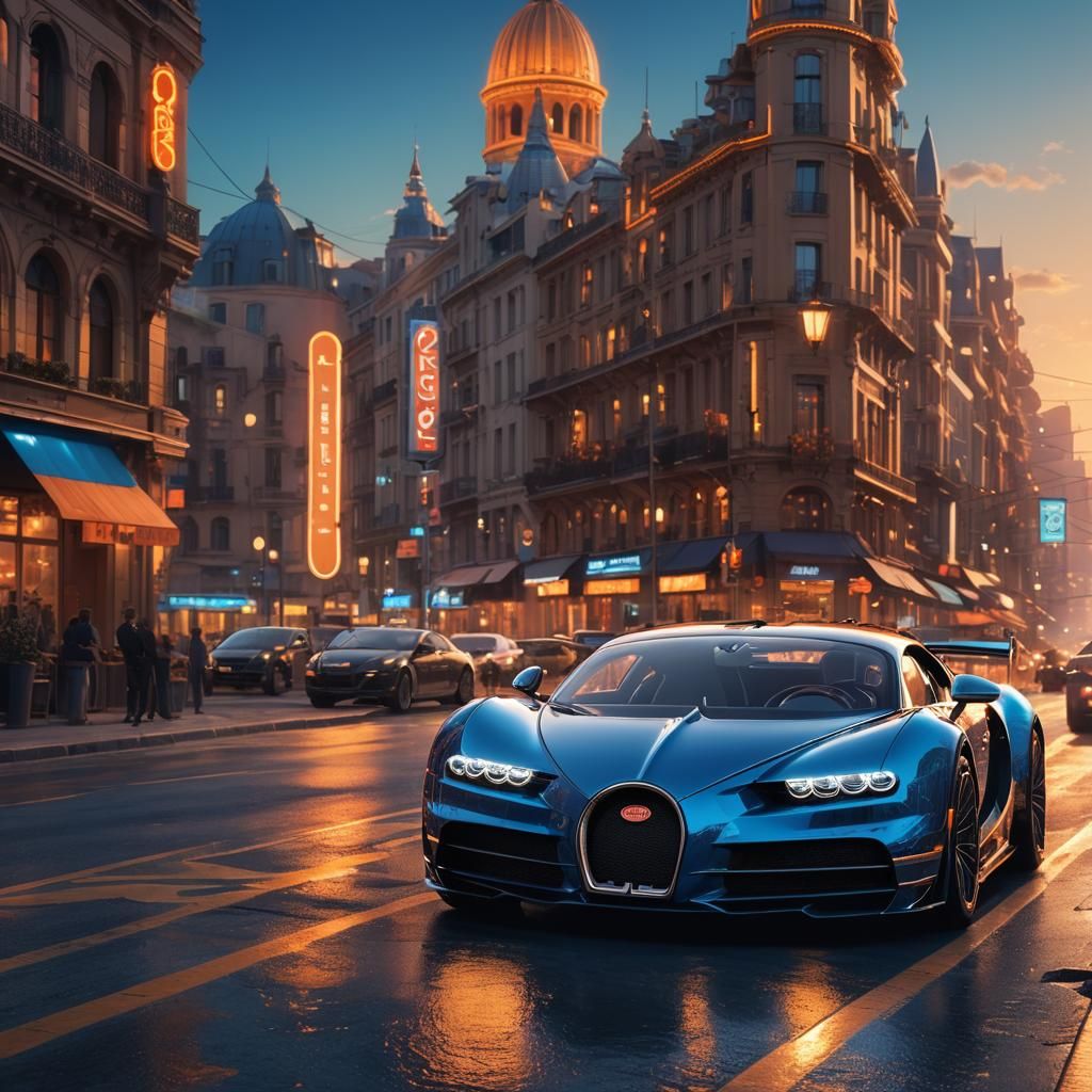 Neon Blue Bugatti Racing: Hyper-Realistic Futuristic Design