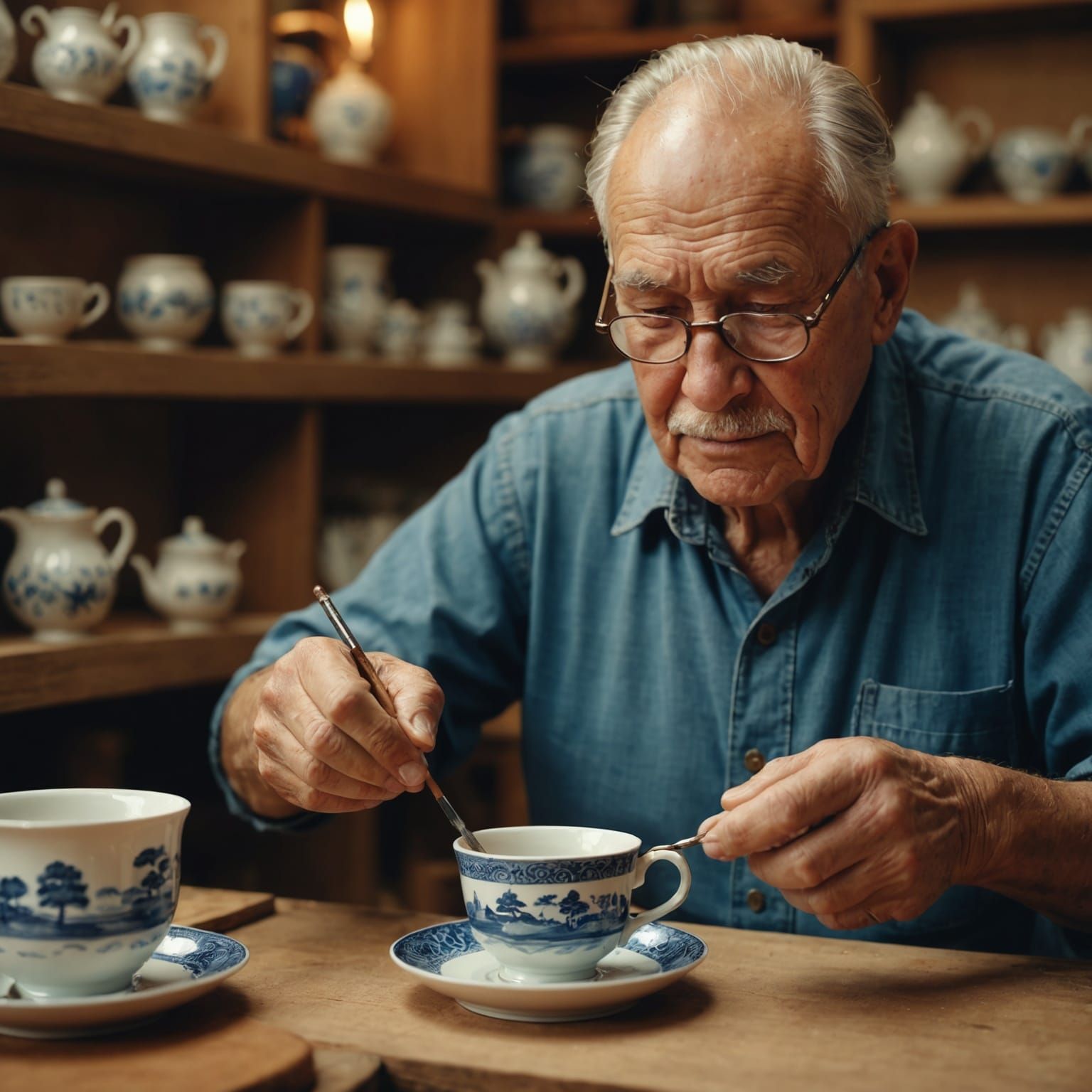 Craftsman Paints Landscape on Teacup: Cinematic Still