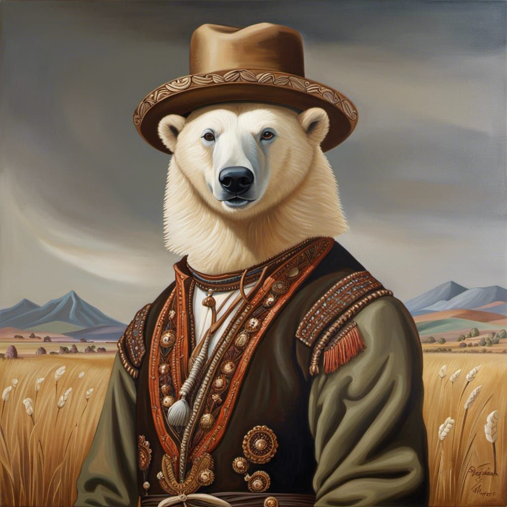 Anthropomorphic Polar Bear Gaucho in Pampas, Oil Painting