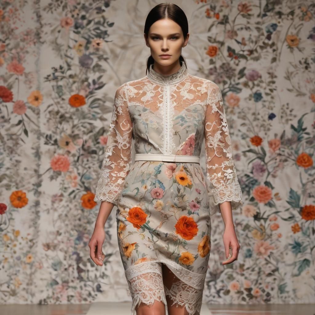 Runway Model Showcases Floral Lace Evening Dress