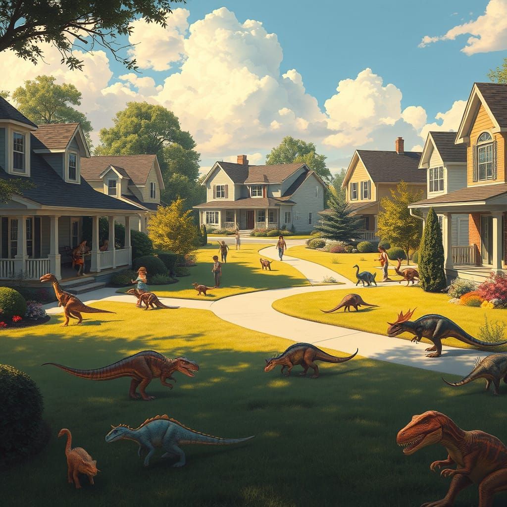 Idyllic Suburban Life with Pet Dinosaurs in a Futuristic Lan...