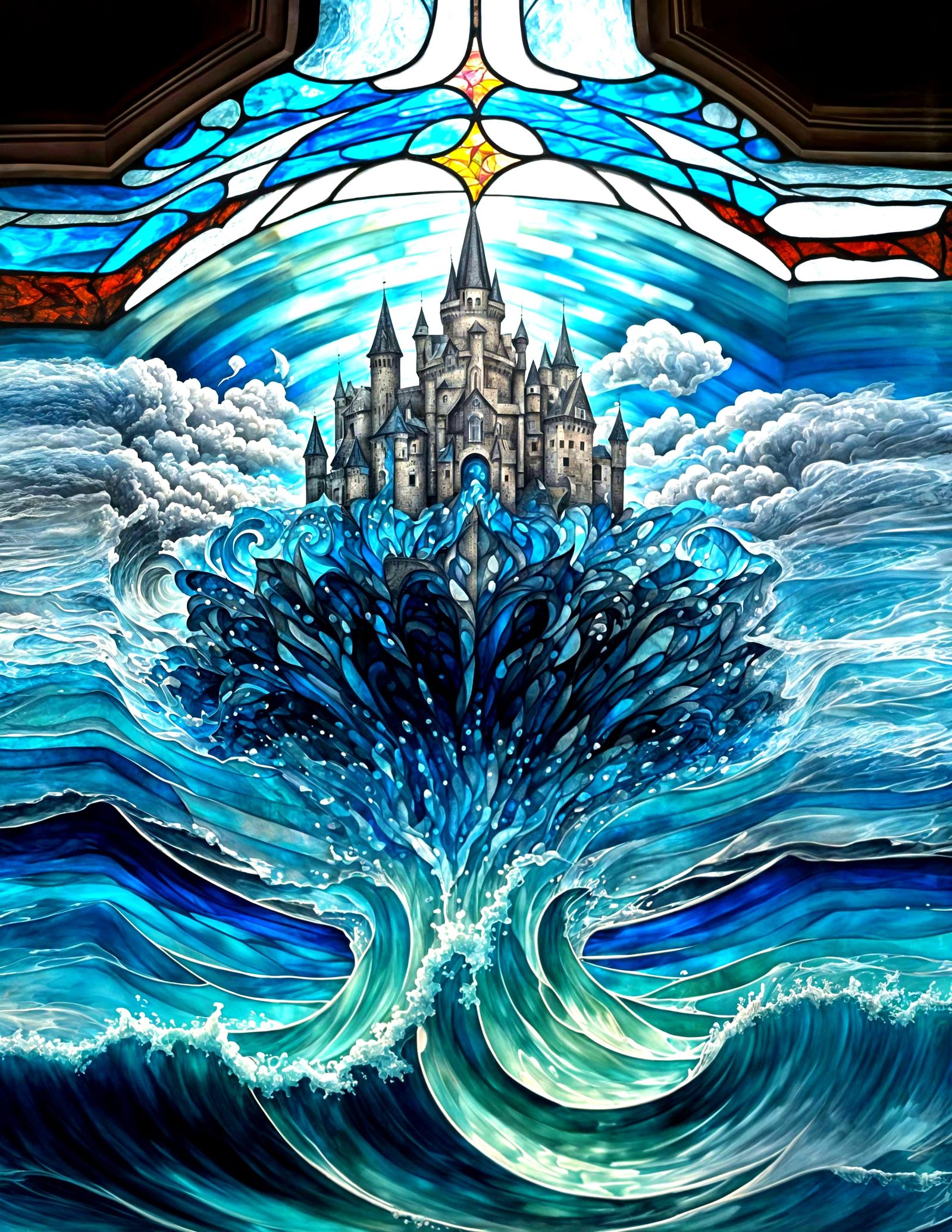 Castle Emerges from Stained Glass Ocean: Mosaic Style
