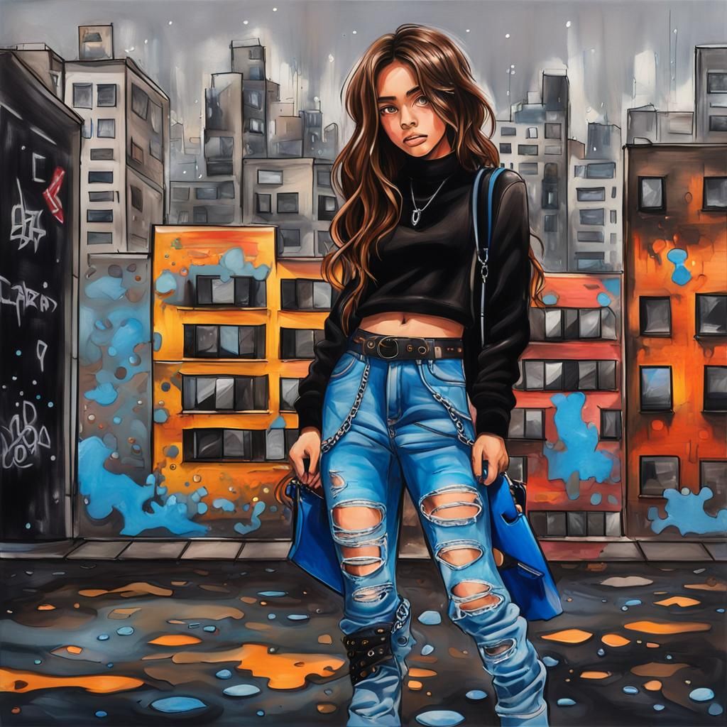 Girl in Urban Graffiti Cityscape: Digital Art