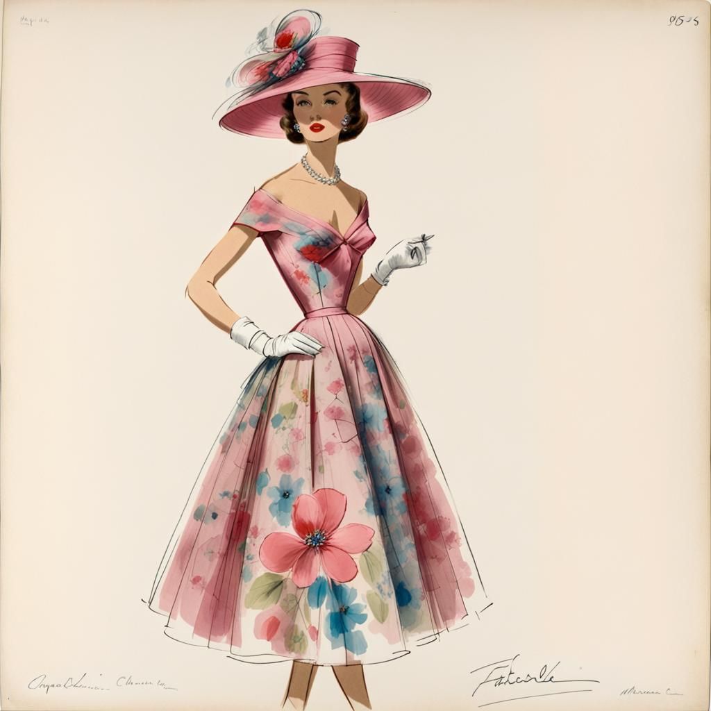 Haute Couture Sketch of Floral Dress, 1955