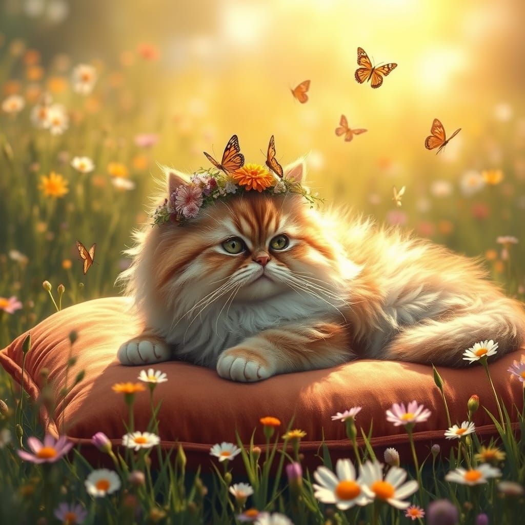 Regal Persian Cat in Pre-Raphaelite Style with Wildflowers a...