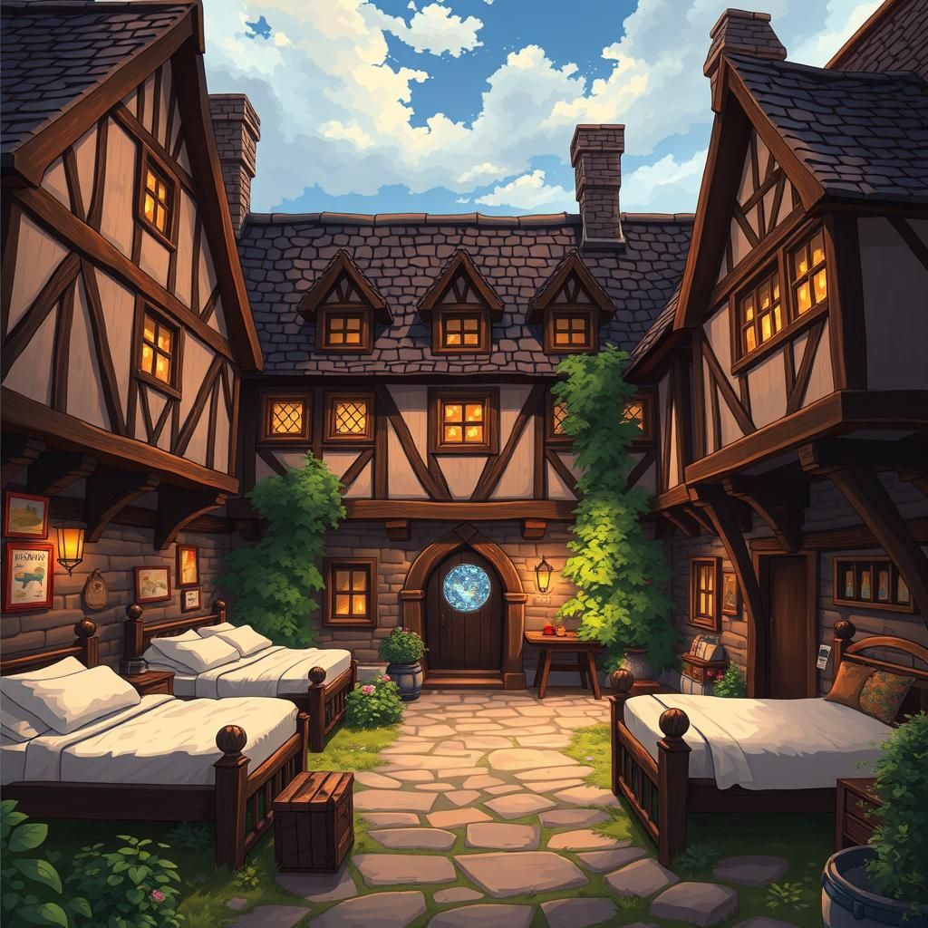 The inn is a large timber and brick building, with a small w...