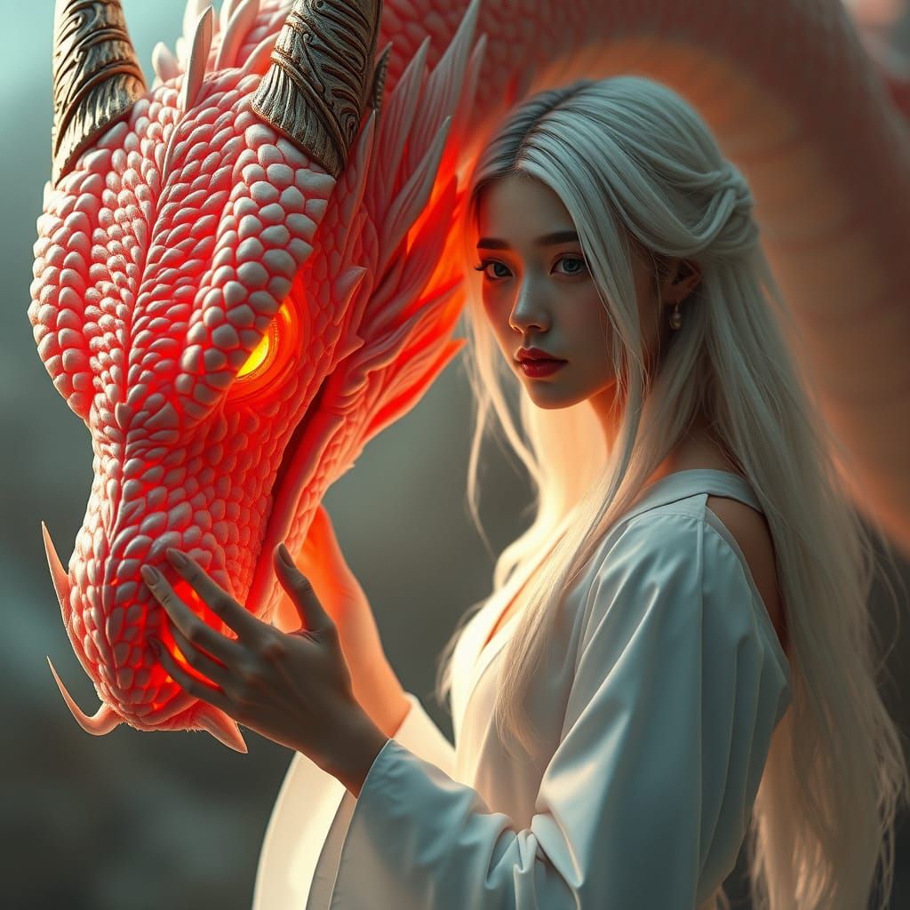 Serene Young Woman Gazing at a Majestic Dragon in Ethereal L...