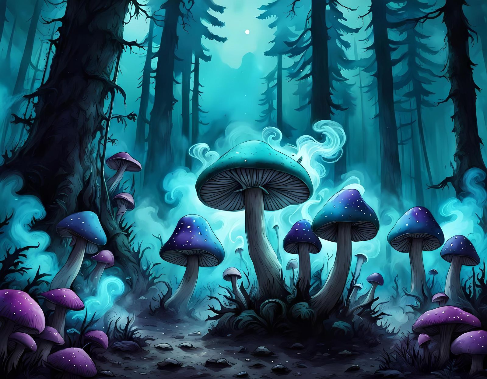 Purple Mushrooms Exploding Smoke in Fantasy Forest