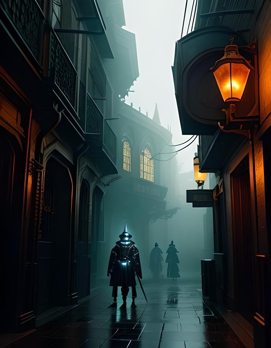 Futuristic Android in Medieval City, Cinematic Still