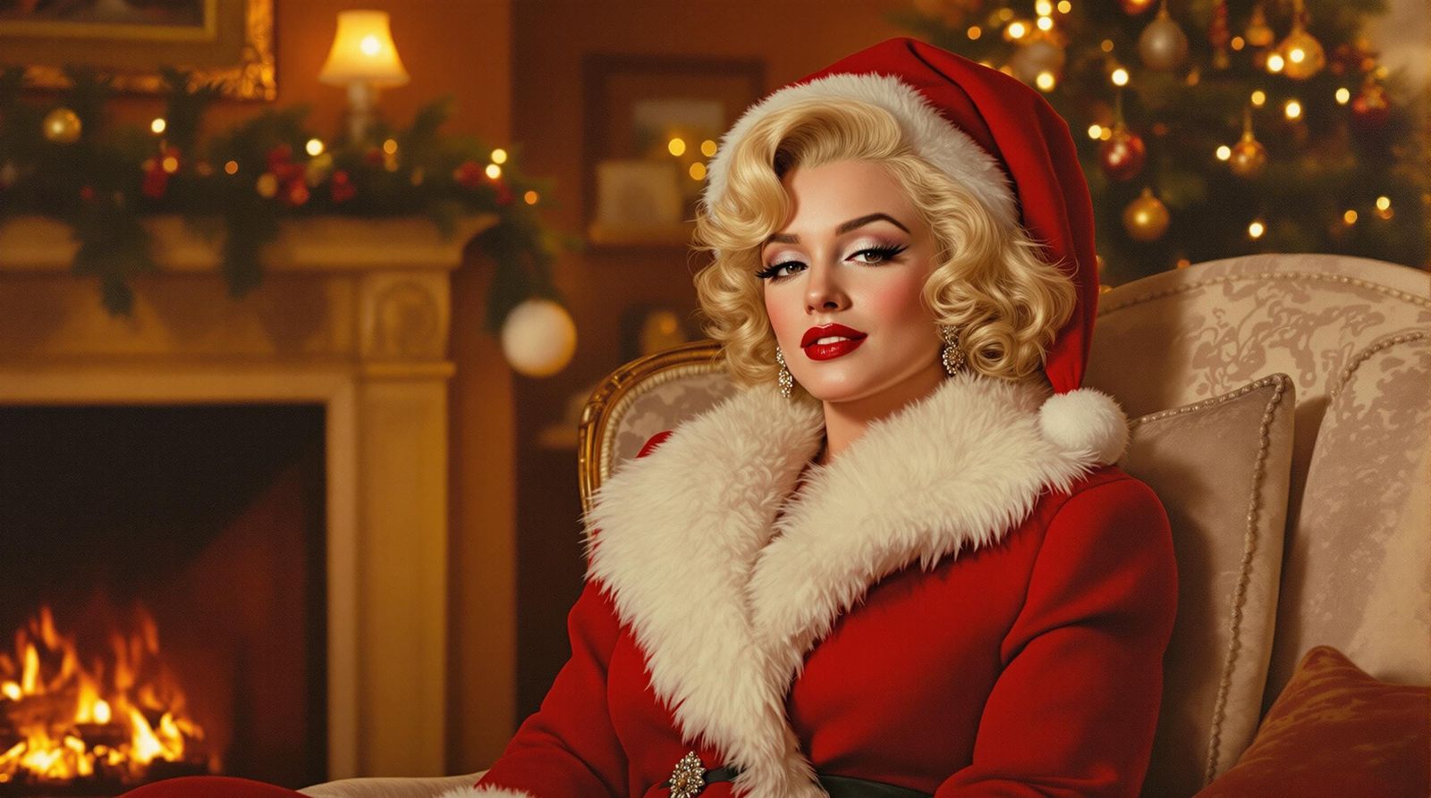 Marilyn Monroe as Humble Santa Claus in Cozy Hyper Realistic...
