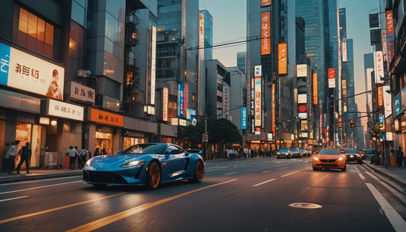 Blue Sports Car Speeding Through Tokyo at Sunset