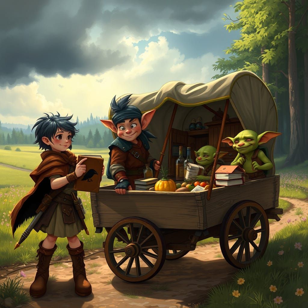 Fantasy Market Scene with Halfling Rogue and Goblin Merchant...