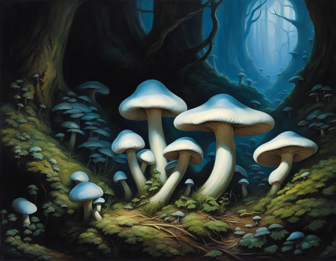 Glowing Mushrooms in Dark Fantasy Oil Painting