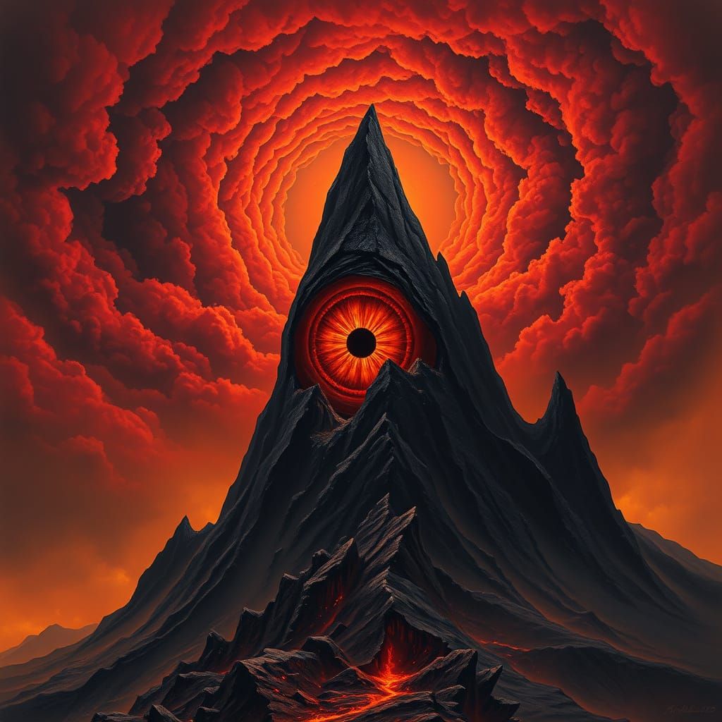 Sauron's Eye, a malevolent eye of burning crimson and gold, pulsating with dark energy. It has a shape of human eye, and...