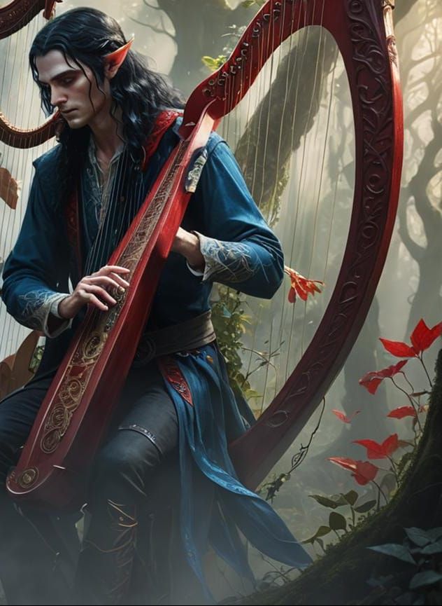 young male elf with very long black hair and blue eyes and s...