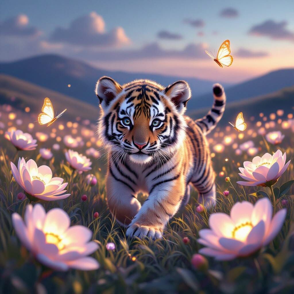 Majestic Tiger Cub Chasing Glowing Butterflies in Dreamscape
