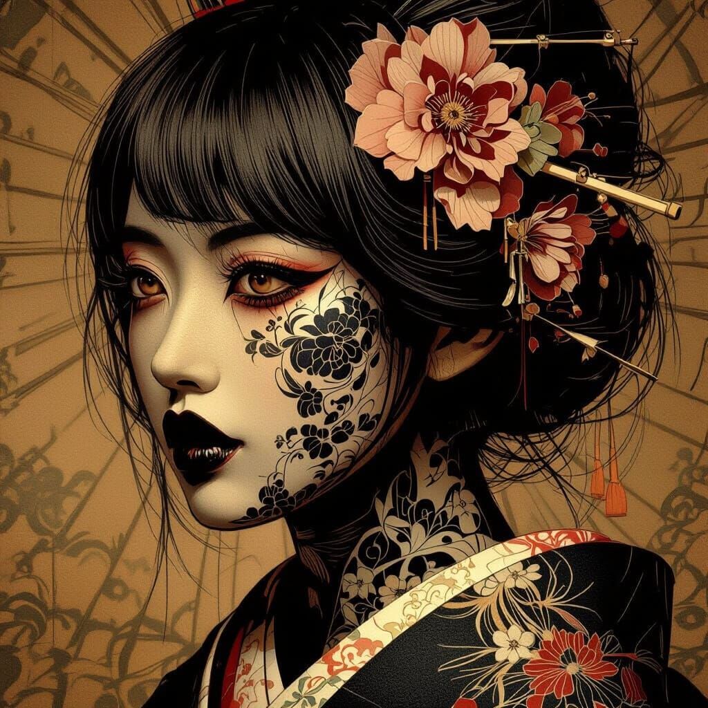 Geisha in Misty Temple, Art Nouveau Style
