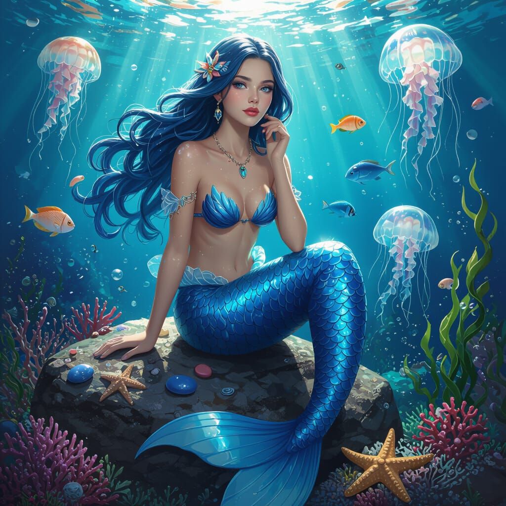 Mermaid Portrait Underwater With Blue Scales and Ocean Life