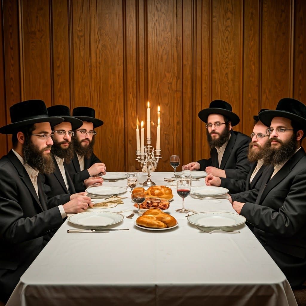 Hasidic Men at Shabbat Table: A Dignified Gathering