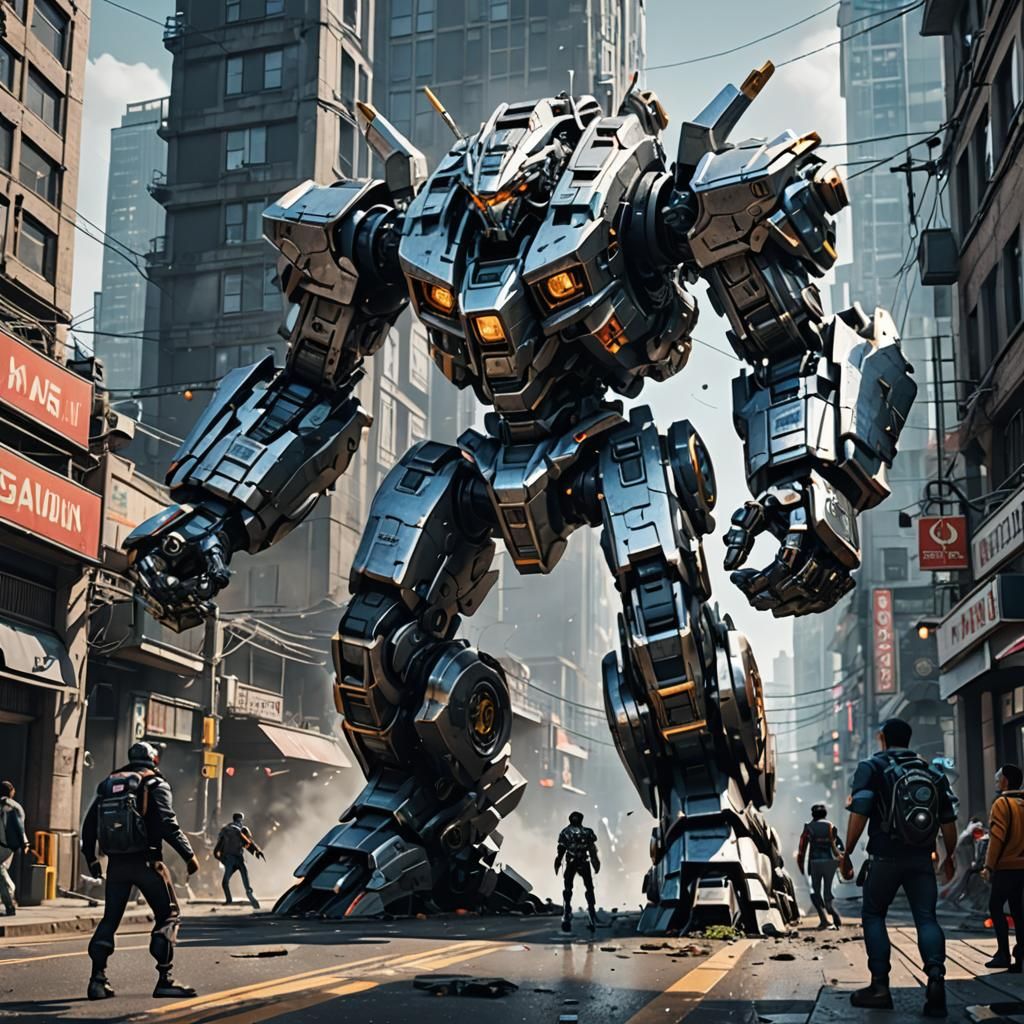 Mecha vs Monster in Futuristic Cityscape