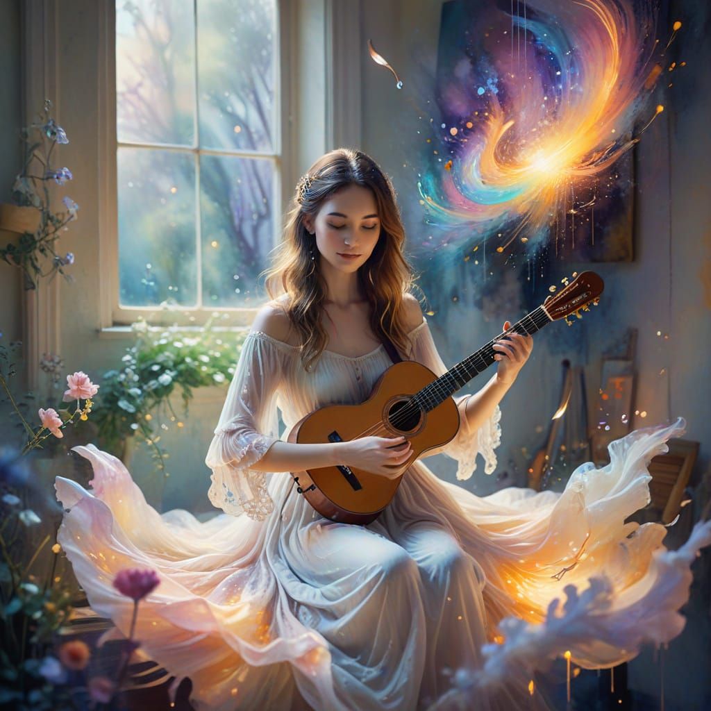 A beautiful female musician is playing a magical music.
