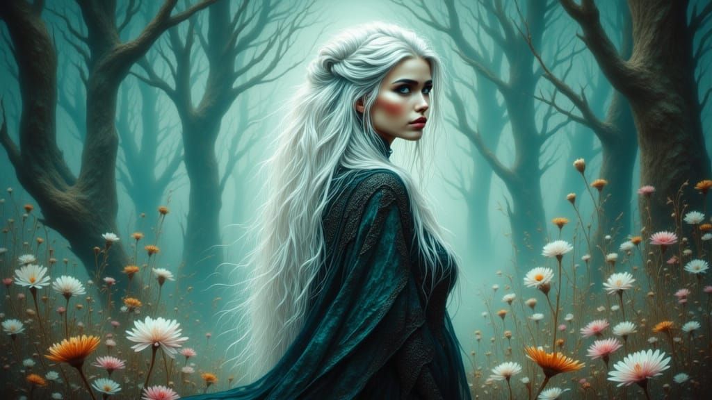 White-Haired Woman in Mystical Futuristic Landscape
