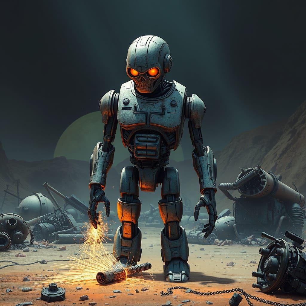 Worn Robot Fading in Futuristic Landscape