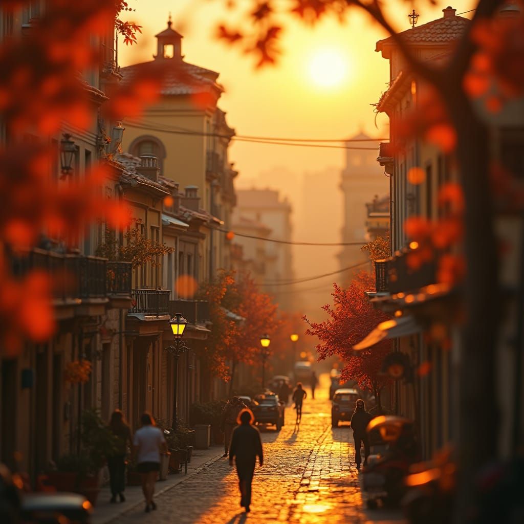 Miniature Barcelona Old Town in Golden Autumn Light