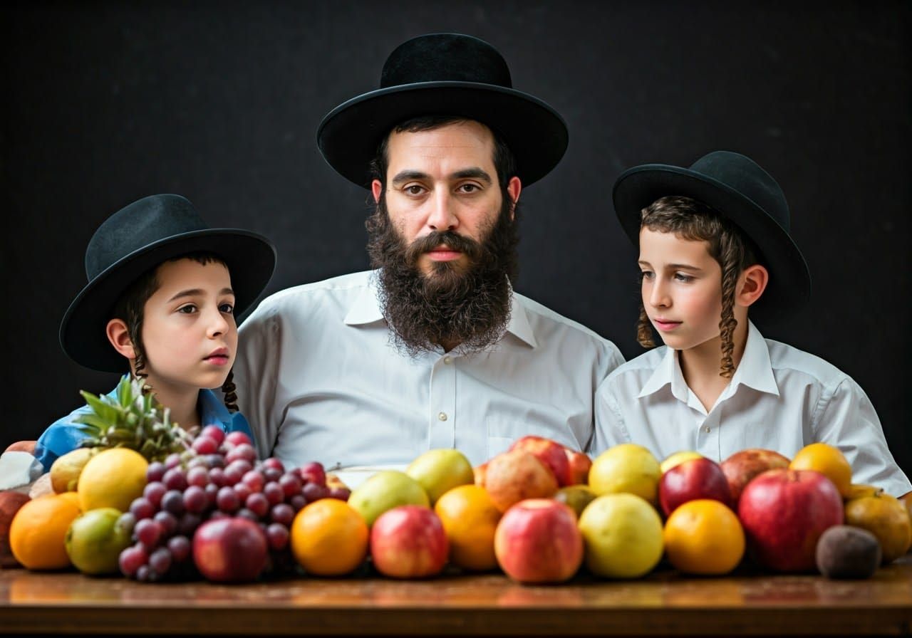 Ultra-Orthodox Family Sits with Fruit in Traditional Attire