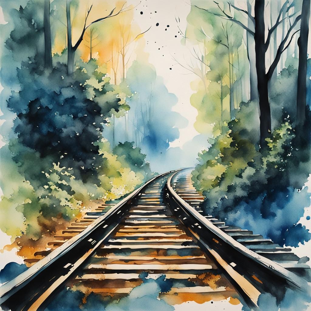 Misty Forest Train Tracks in Watercolor Style
