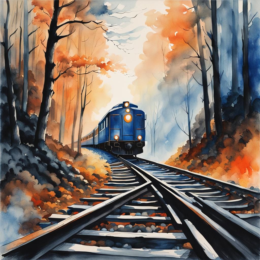 Mystical Forest Train Tracks: Modern Ink Painting