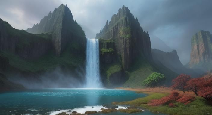 Fantastical Waterfall in Detailed Matte Painting Style