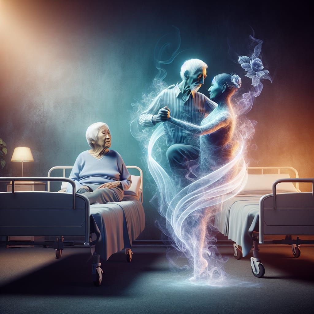 Elderly Couple Tango with Ghosts in Dreamlike Hues