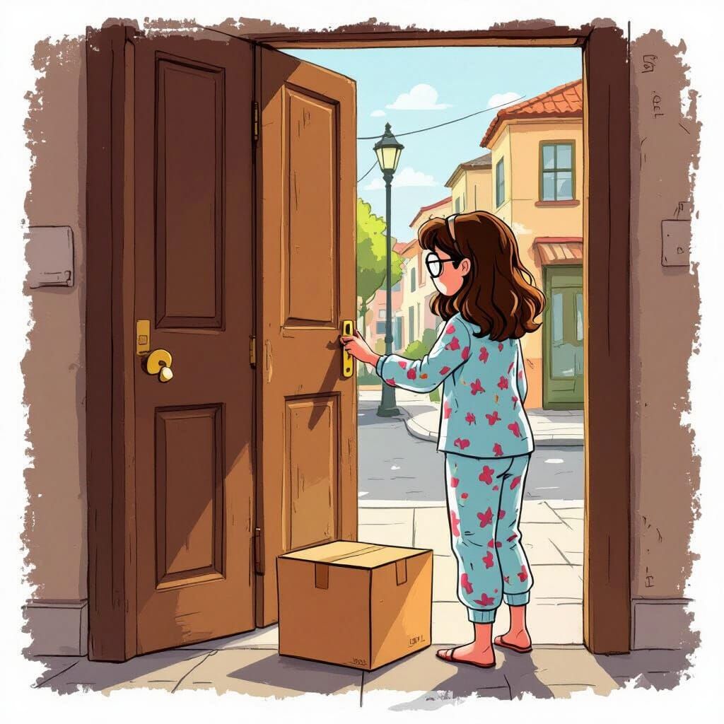 Girl Opens Door to Surprised Box in Vibrant Digital Illustra...