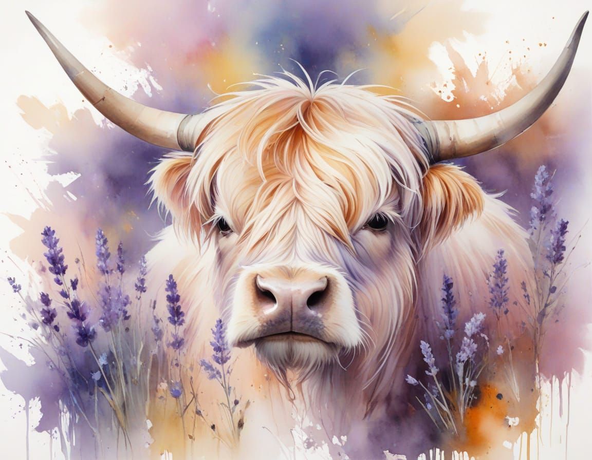 Rainbow Highland Cow in Lavender Field
