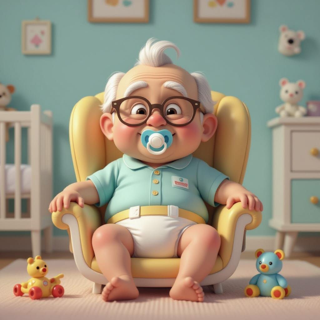 Tiny Elderly Man in Diaper Posing in Baby Seat