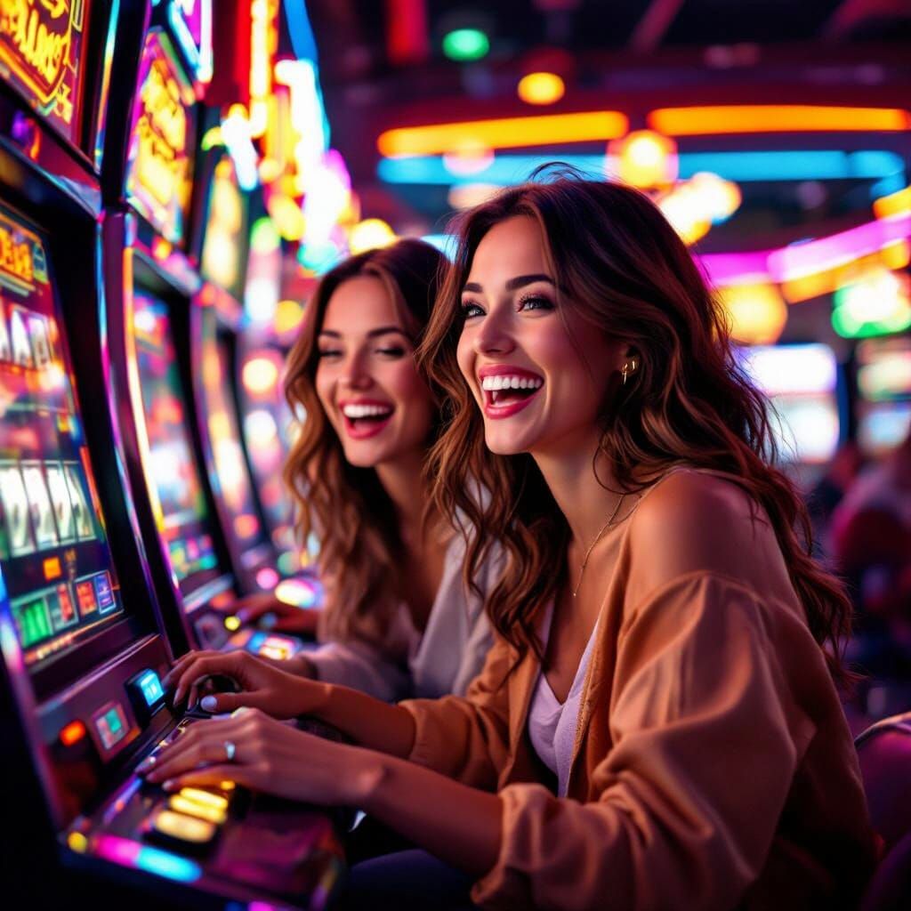 Friends Enjoying Slot Machines in Vibrant Arcade