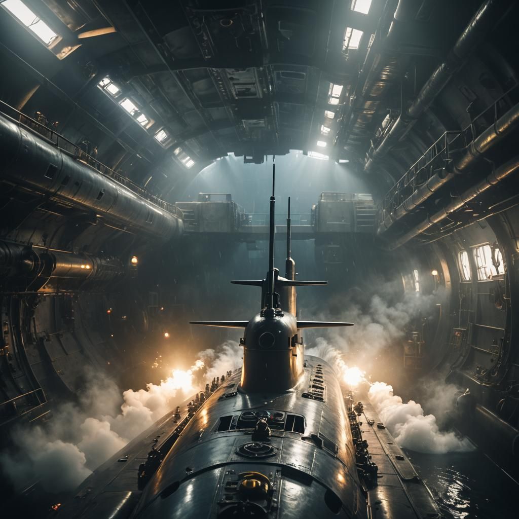 Submarine Interior: Powerful Shot of Submarine Destroying Ai...