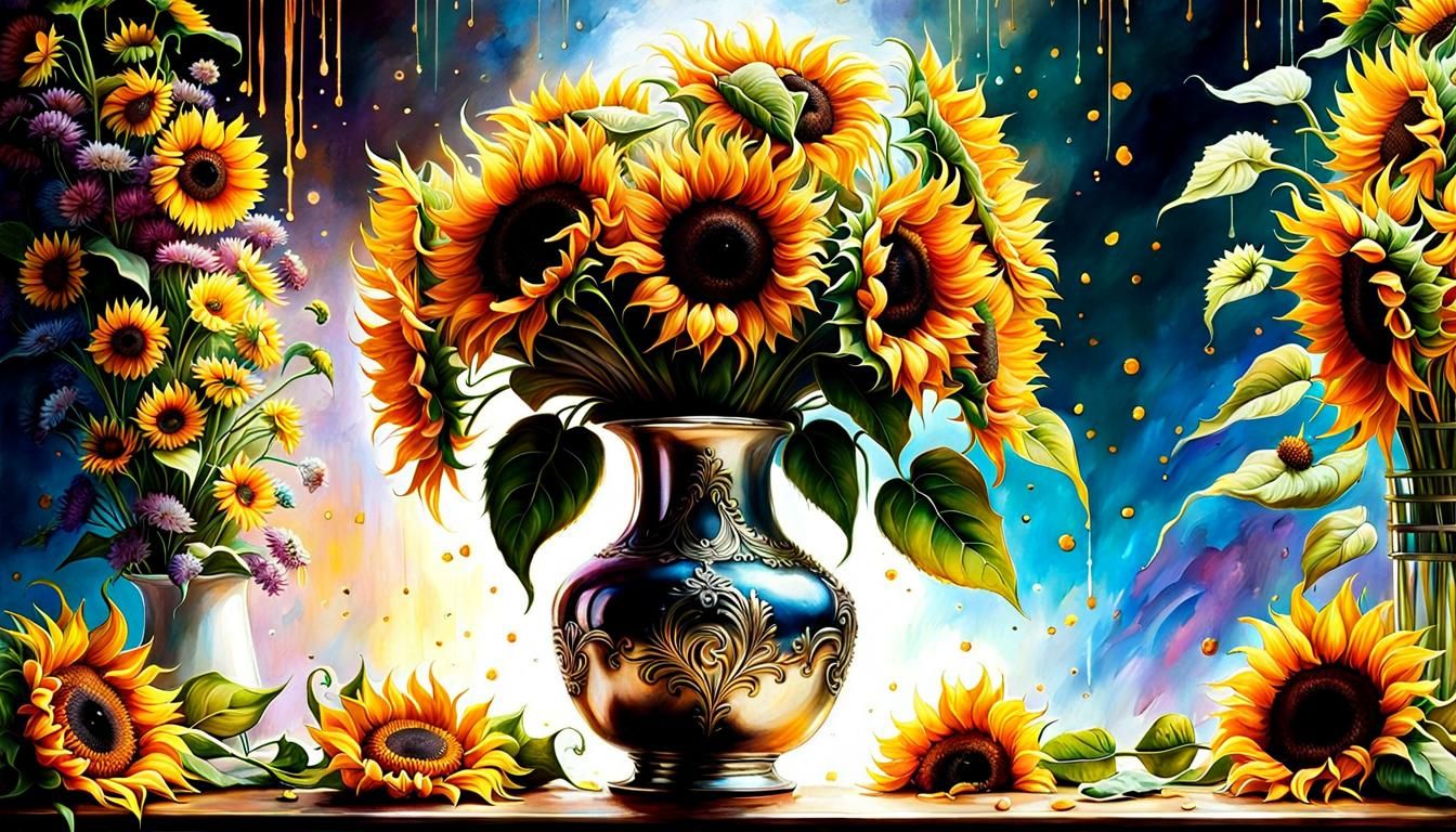 Hyperrealistic Sunflowers in Vase: Splatter Art Concept