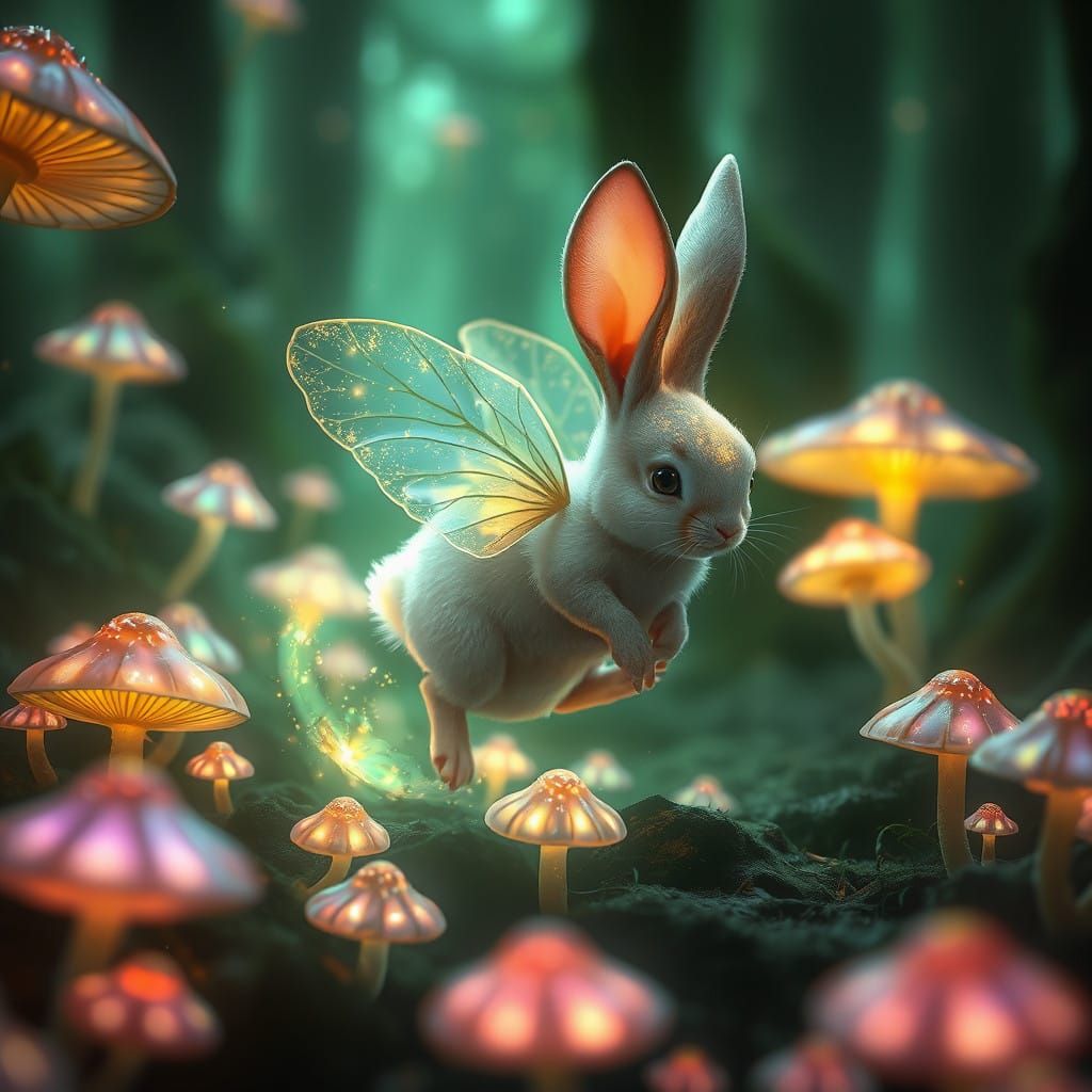 Mythical Forest Sprite with Iridescent Wings and Fungi