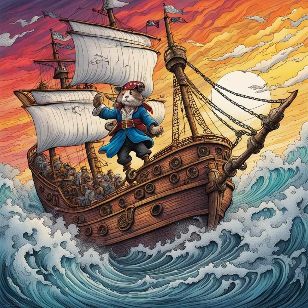Hamster Pirate Ship on Stormy Sea: Pen and Ink