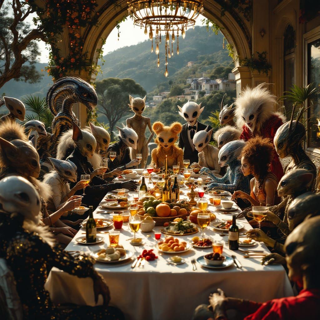 Festive Alien Party in Hillside Mansion