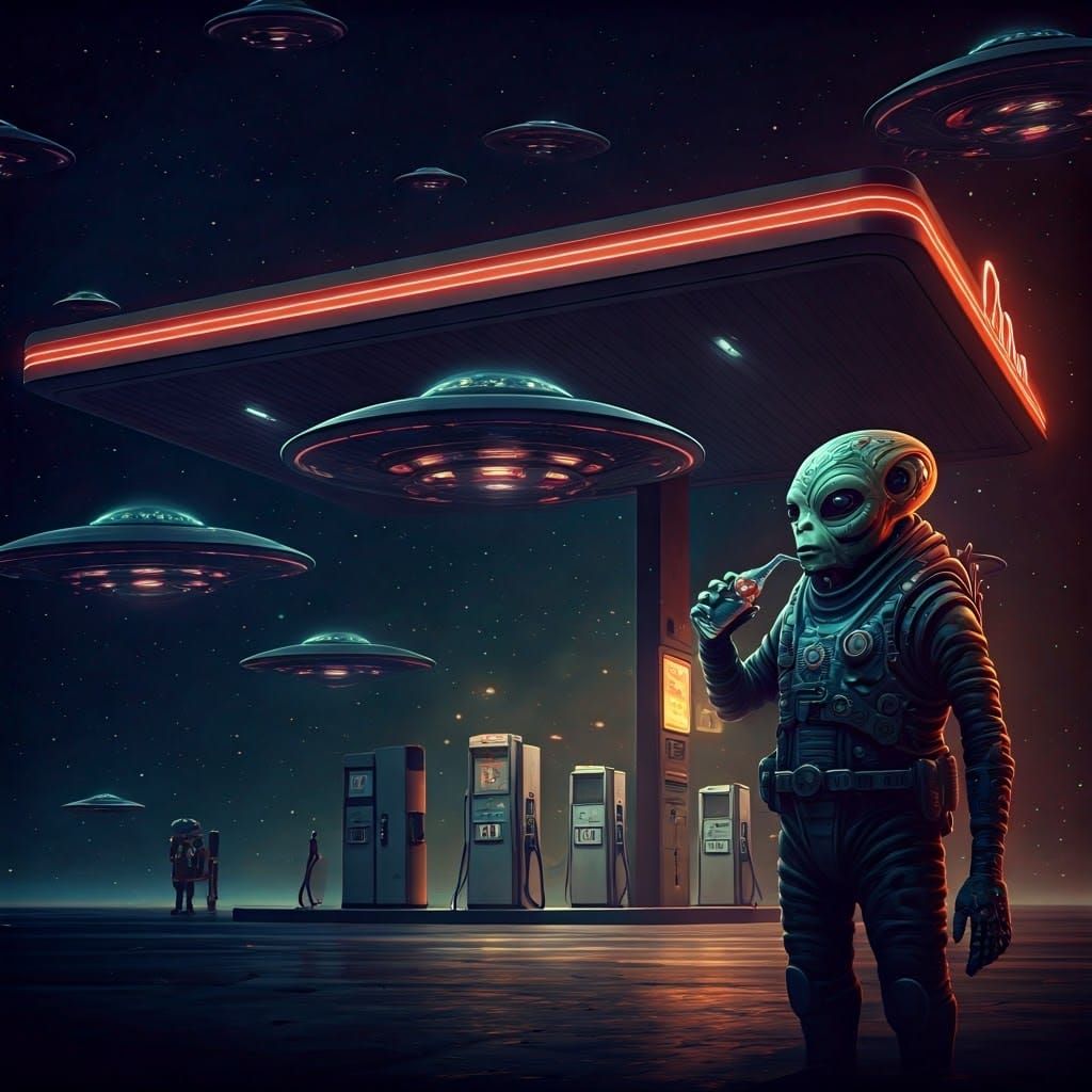Alien Mechanic at Neon Space Gas Station