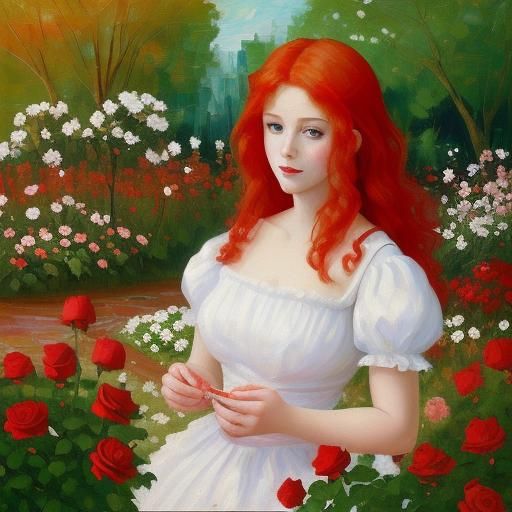 Red-Haired Princess in Rose Garden: Impasto Oil Painting