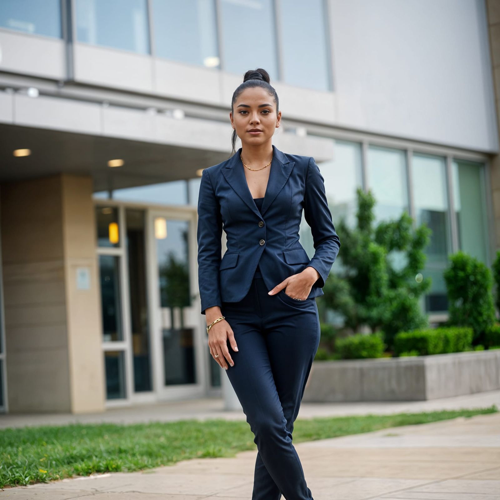 Woman in Navy Pant Suit on Summer Day