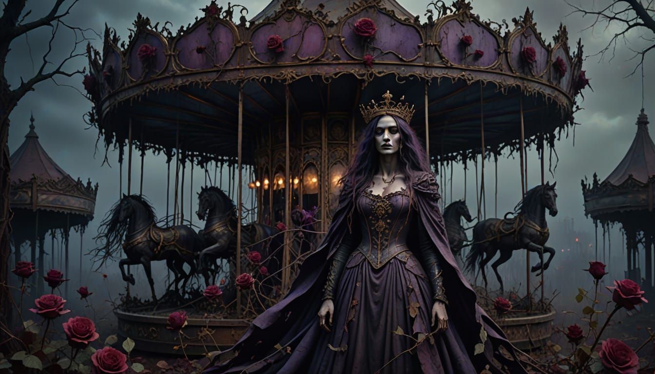 Ethereal Woman in Decaying Carousel Amidst Twilight