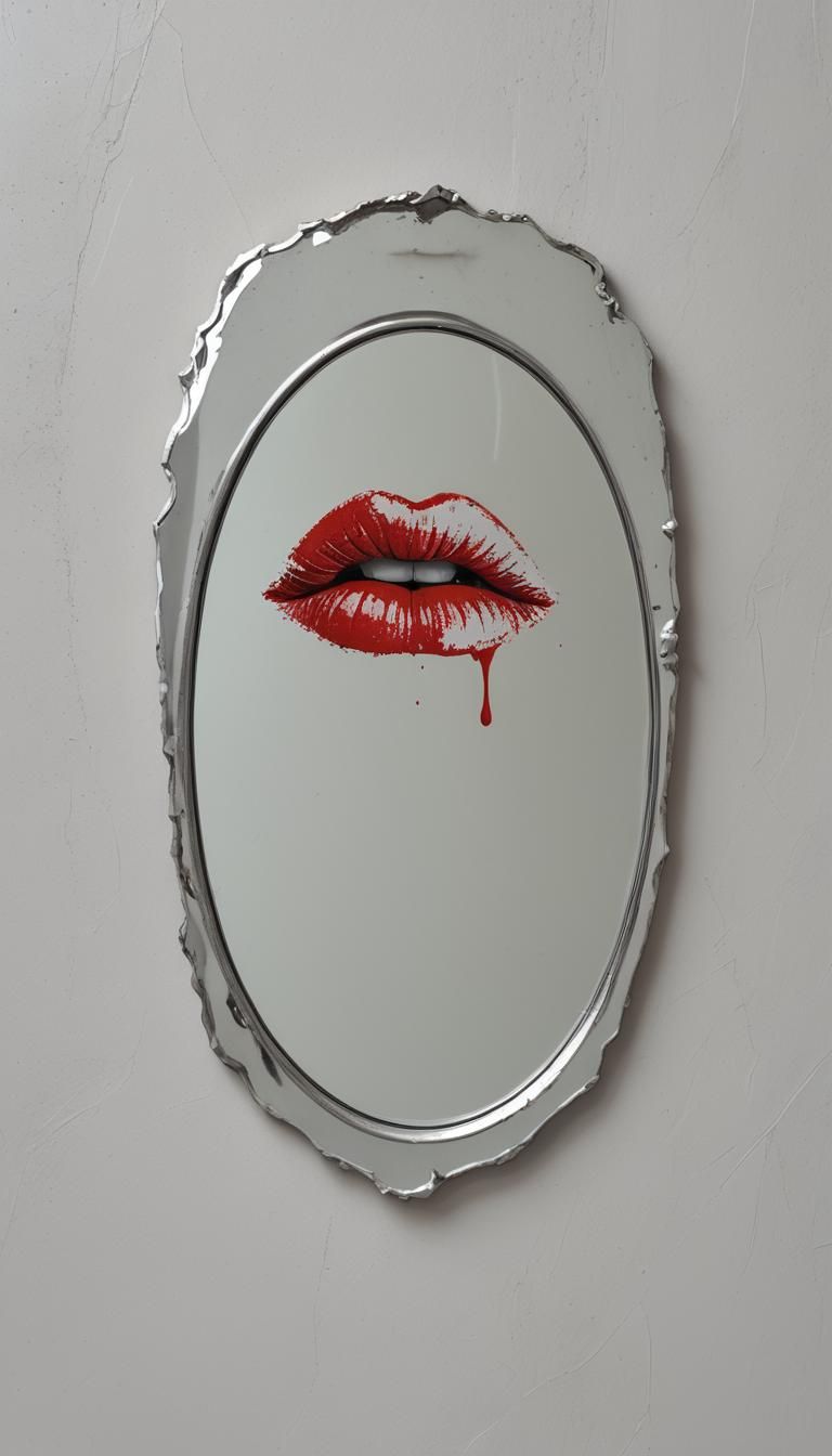 Dramatic Red Lip Print on White Mirror in Epic Digital Paint...