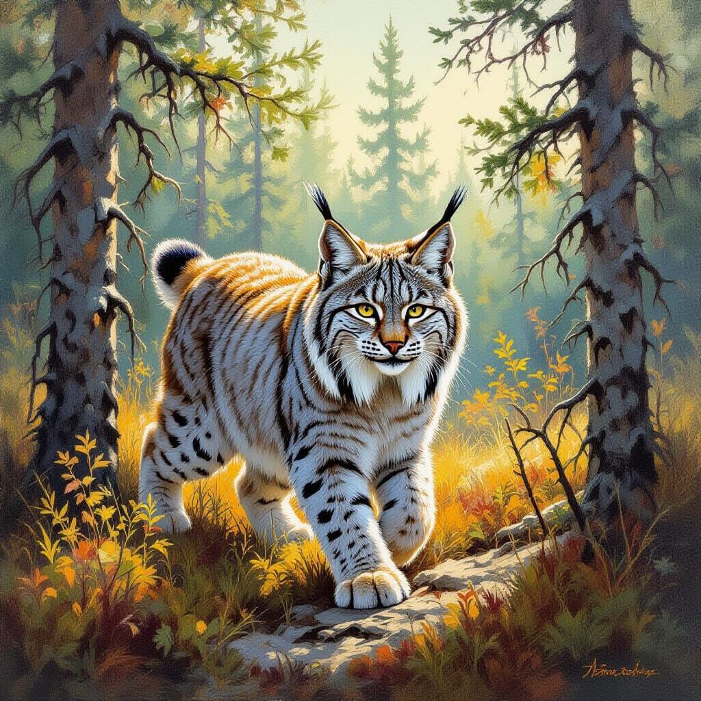 Lynx Exploring Boreal Forest as Oil Painting