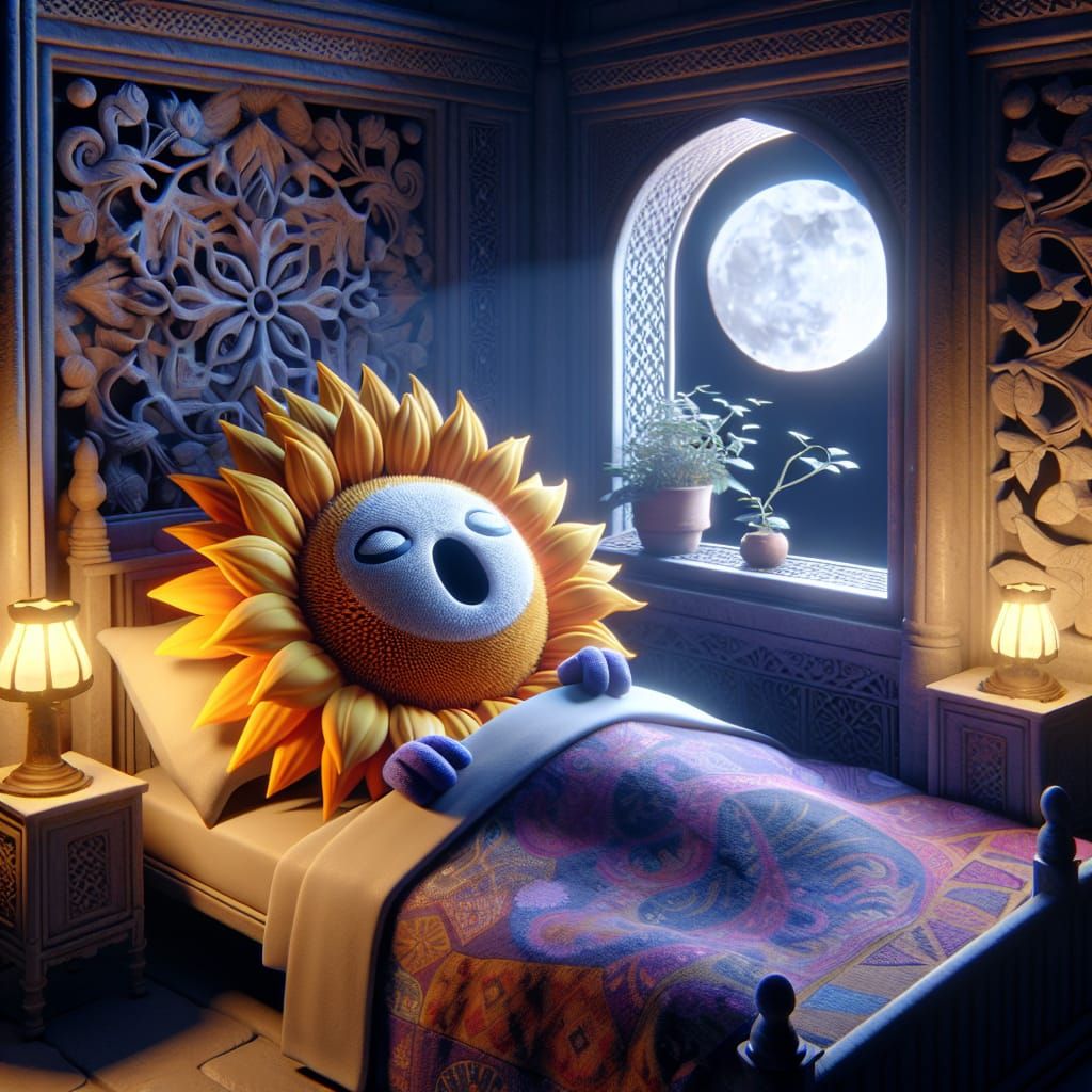 Anthropomorphic Sunflower Sleeping in Bed, Hyper-Realistic 8...